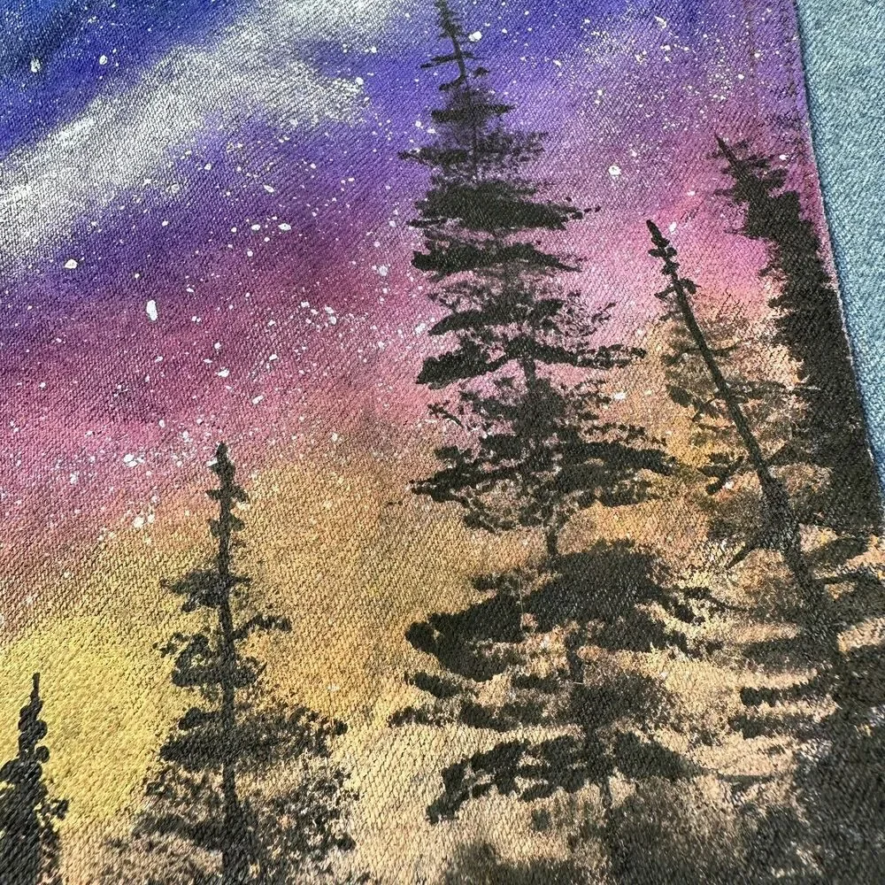 Vintage Hand Painted Denim Vest Womens Size M Forest‎ Stars Generra Art To Wear